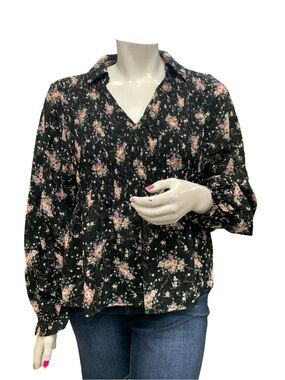 BiBi NWT Black Floral V-Neck Collared Blouse Size L